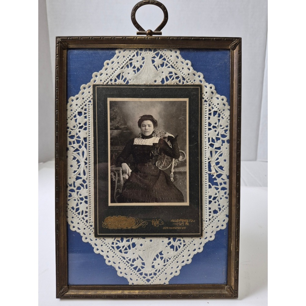 Antique Victorian Cabinet Card Photo Allentown PA H&W Brass Lace Frame Blue